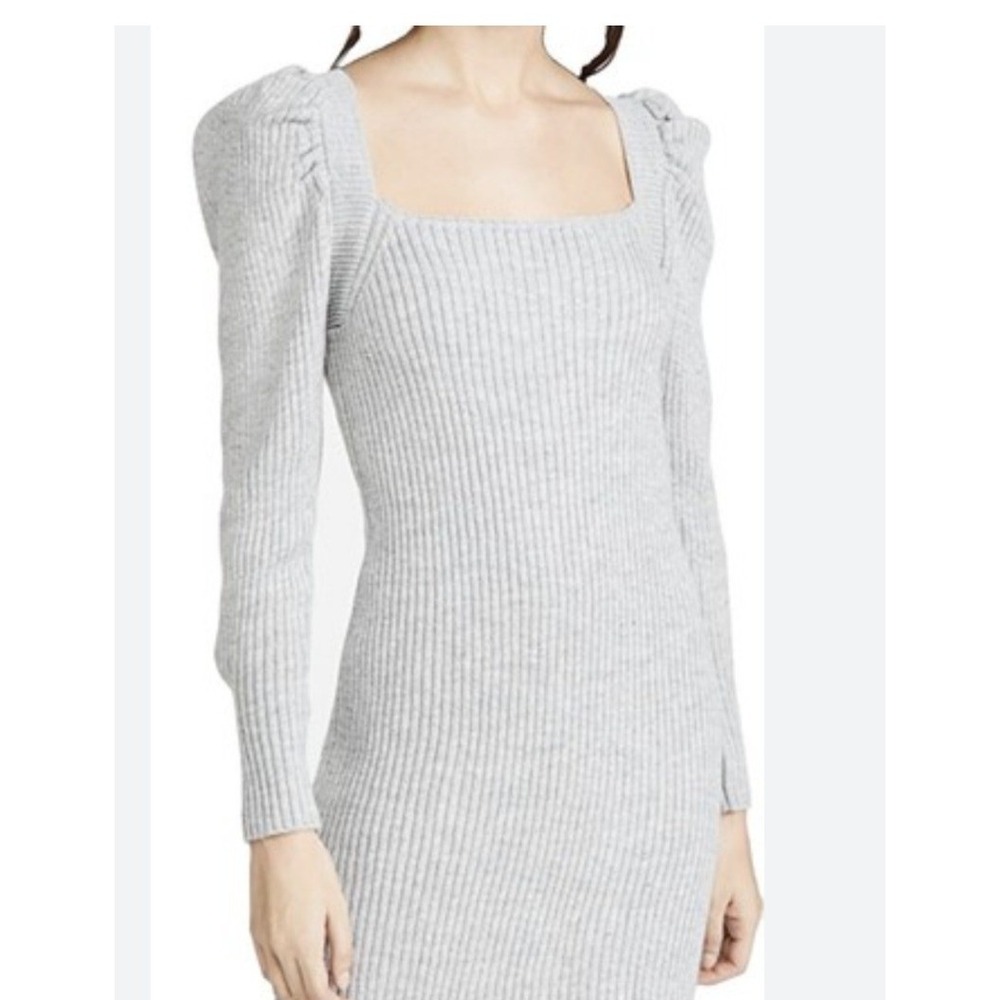 WAYF Ribbed Knit Sweater Dress Womens S Grey Excellent Puff Sleeve Tie Back Mini